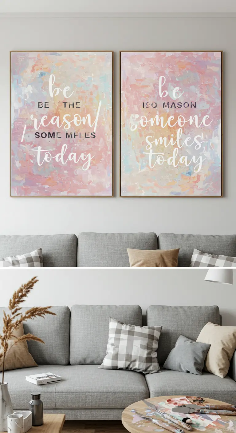 Dos cuadros con fondo abstracto en tonos pastel y la frase 'Be the reason someone smiles today'.