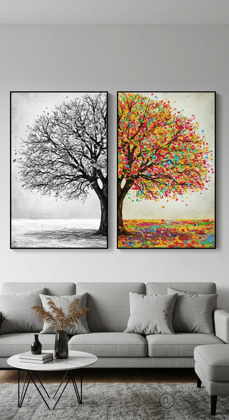 Dos cuadros de un árbol: uno en collage blanco y negro y el otro en collage de múltiples colores.
