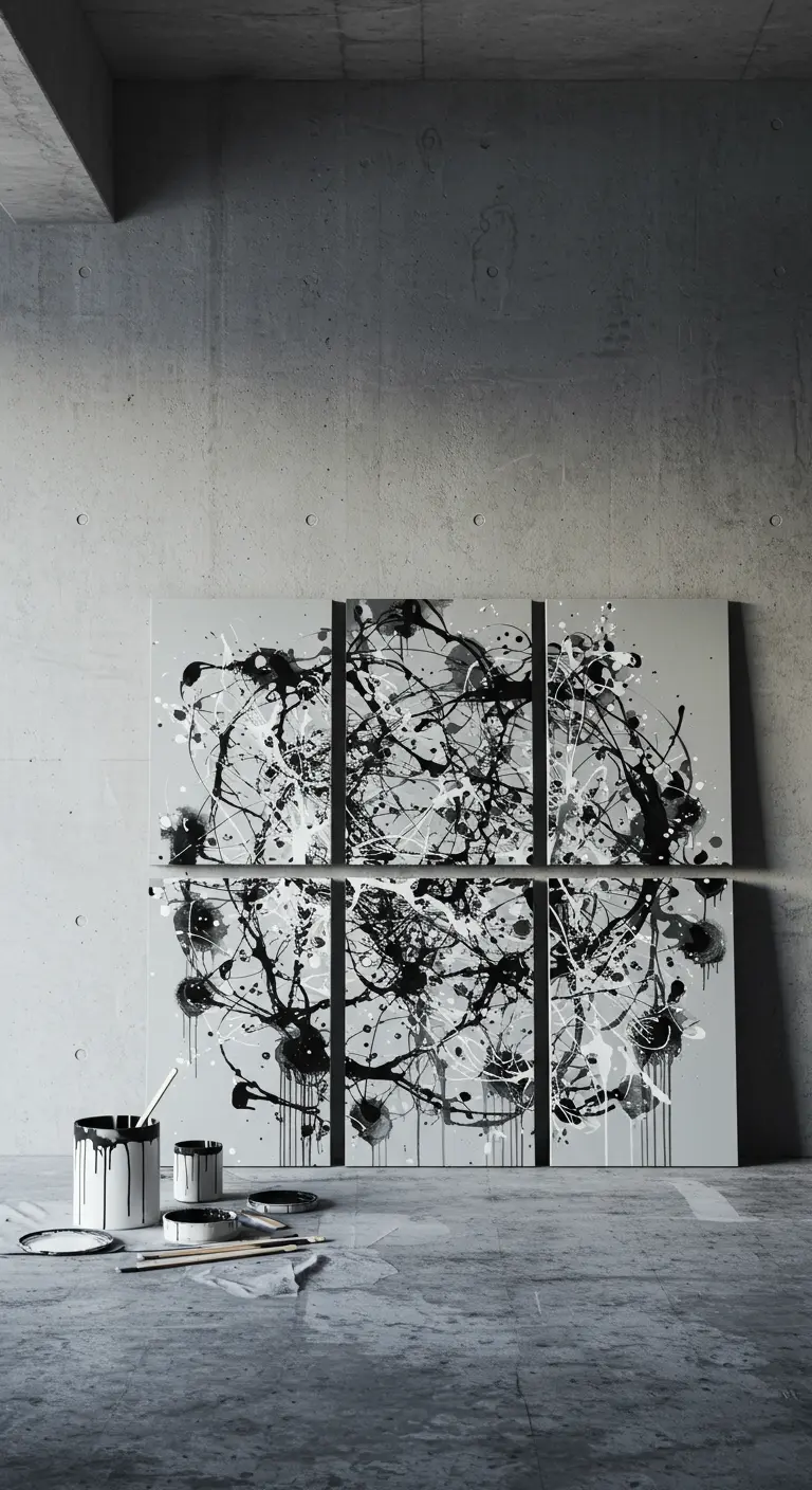 Obra de arte en blanco y negro dividida en seis lienzos sobre una pared de cemento.