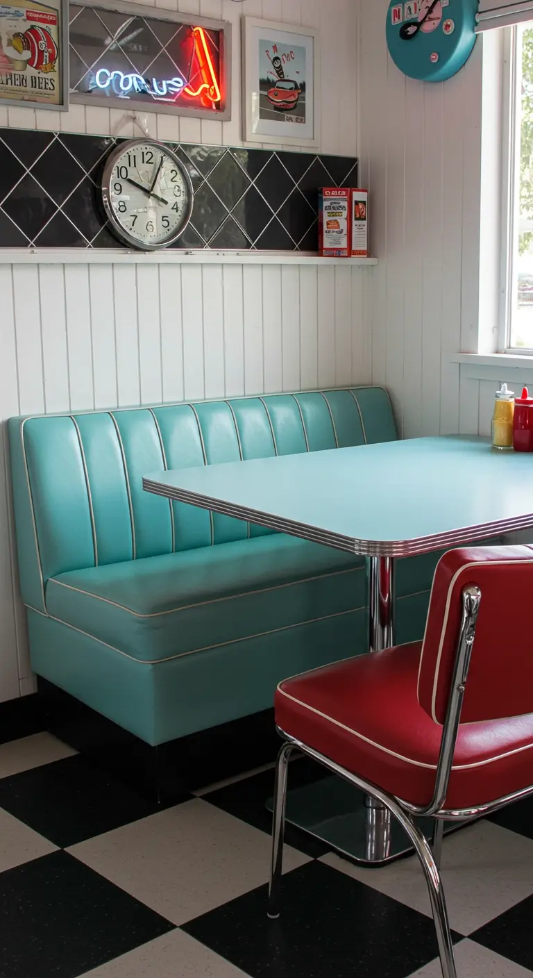 Rincón de comedor estilo diner americano con banco de vinilo turquesa y suelo damero.