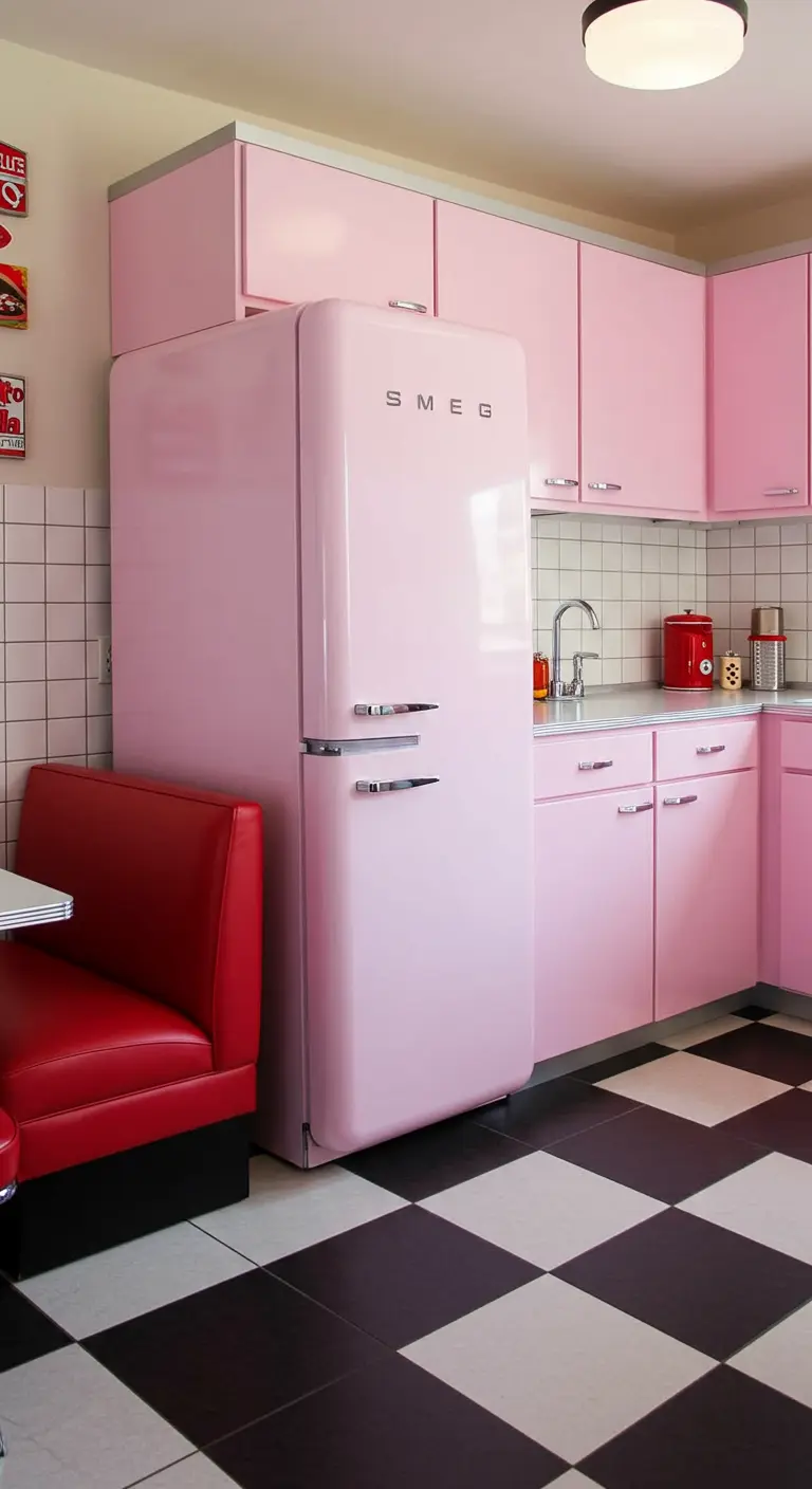 Cocina de estilo diner americano con muebles rosa pastel, nevera retro y suelo de damero.
