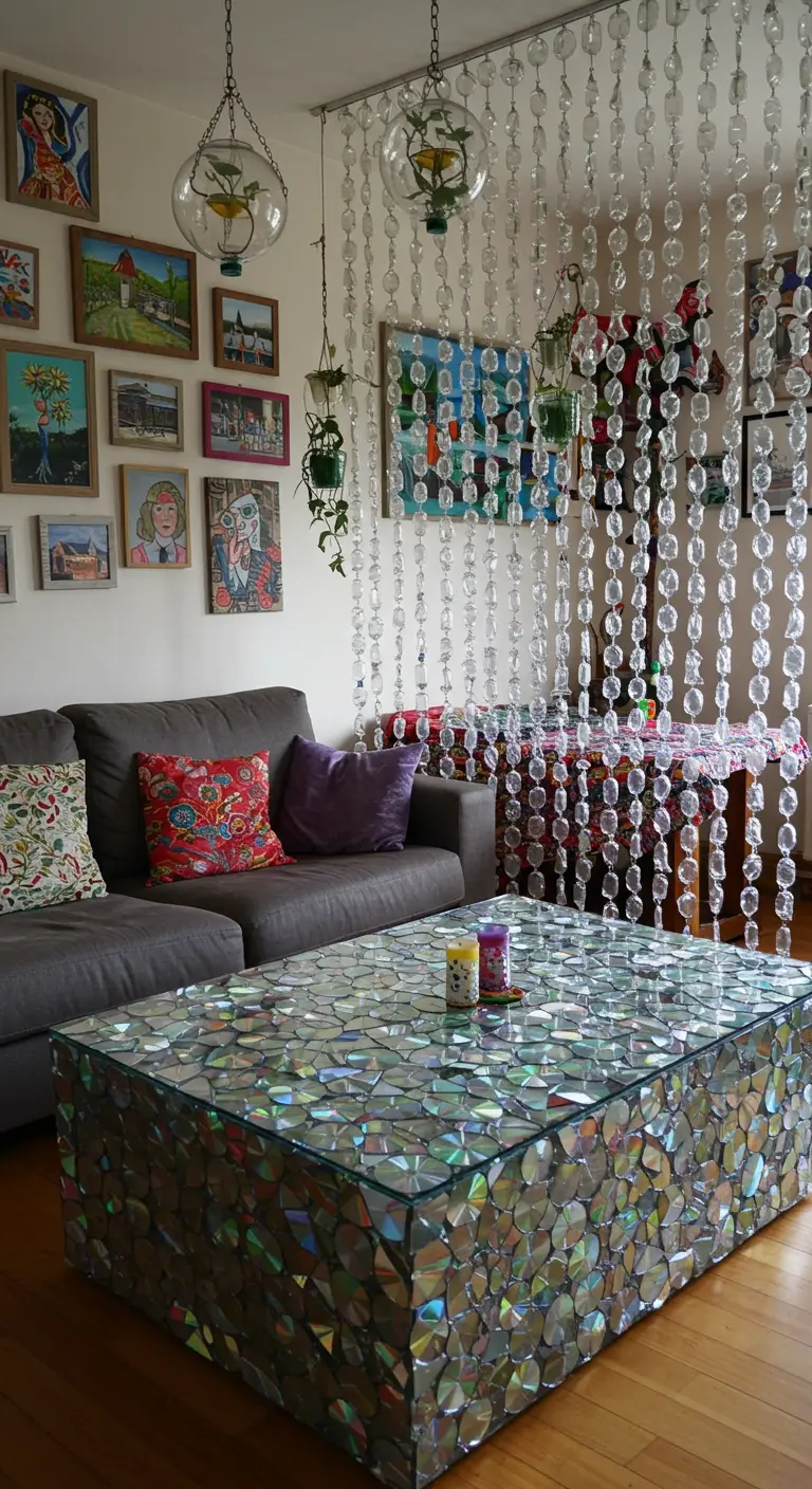 Mesa de centro cubierta con un mosaico de CDs rotos y una cortina de cuentas de plástico.