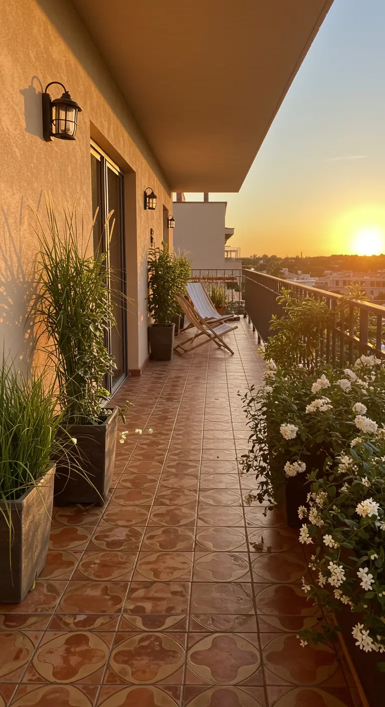 Balcón largo con suelo de terracota bañado por la luz del atardecer, con flores blancas en grandes maceteros.