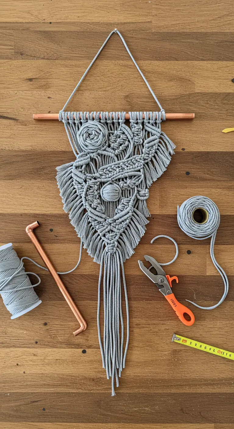 Proceso de creación de un complejo tapiz de macramé gris sobre una tubería de cobre.