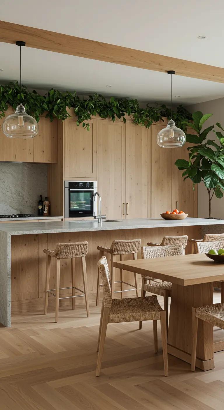 Cocina y comedor biofílicos con mucha madera, plantas colgantes y luz natural.
