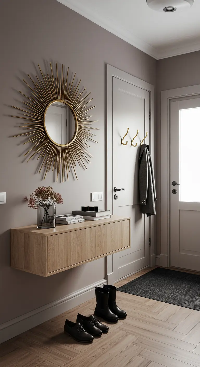 Recibidor funcional con consola flotante de madera, percheros y espejo de sol dorado.