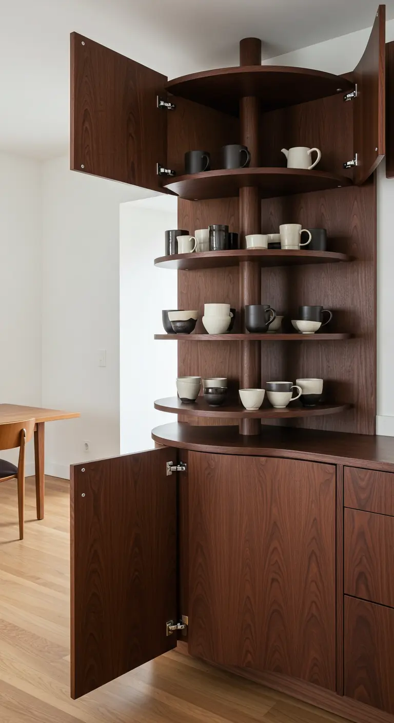 Mueble esquinero de diseño en madera de nogal con estantes giratorios abiertos para tazas.