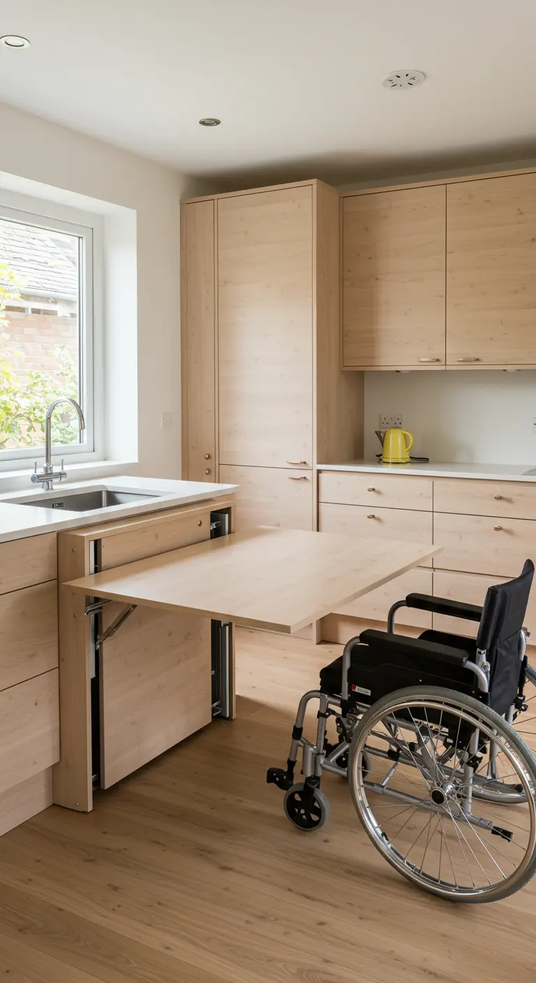 Mesa de madera extraíble y de altura regulable en una cocina accesible para silla de ruedas.