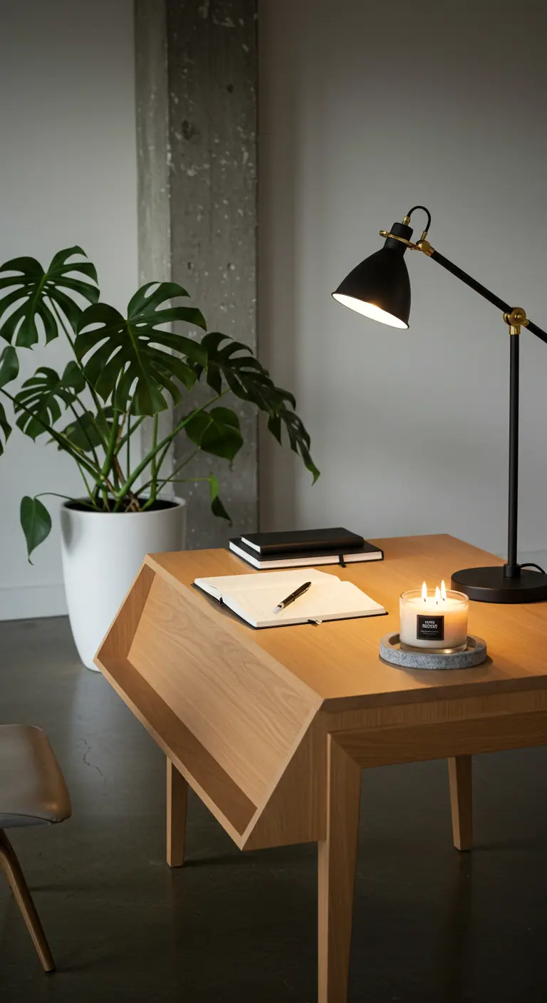 Escritorio moderno de madera con una lámpara negra, una vela grande y una planta de Monstera.