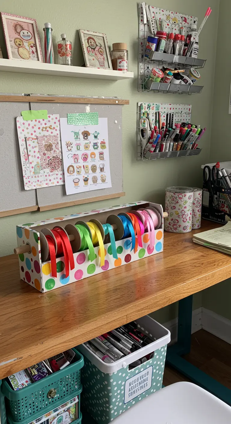 Dispensador de cintas de colores hecho con una caja de zapatos decorada, sobre un escritorio de manualidades.