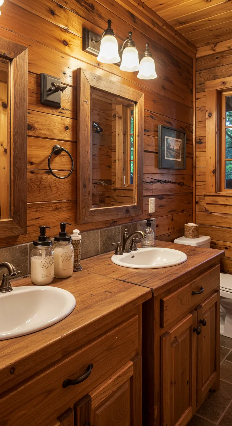 Baño de cabaña de madera con dispensadores de jabón hechos con frascos Mason.