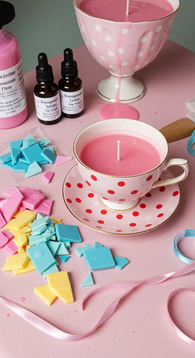 Vela de cera rosa en una taza de lunares, rodeada de tintes de cera de colores