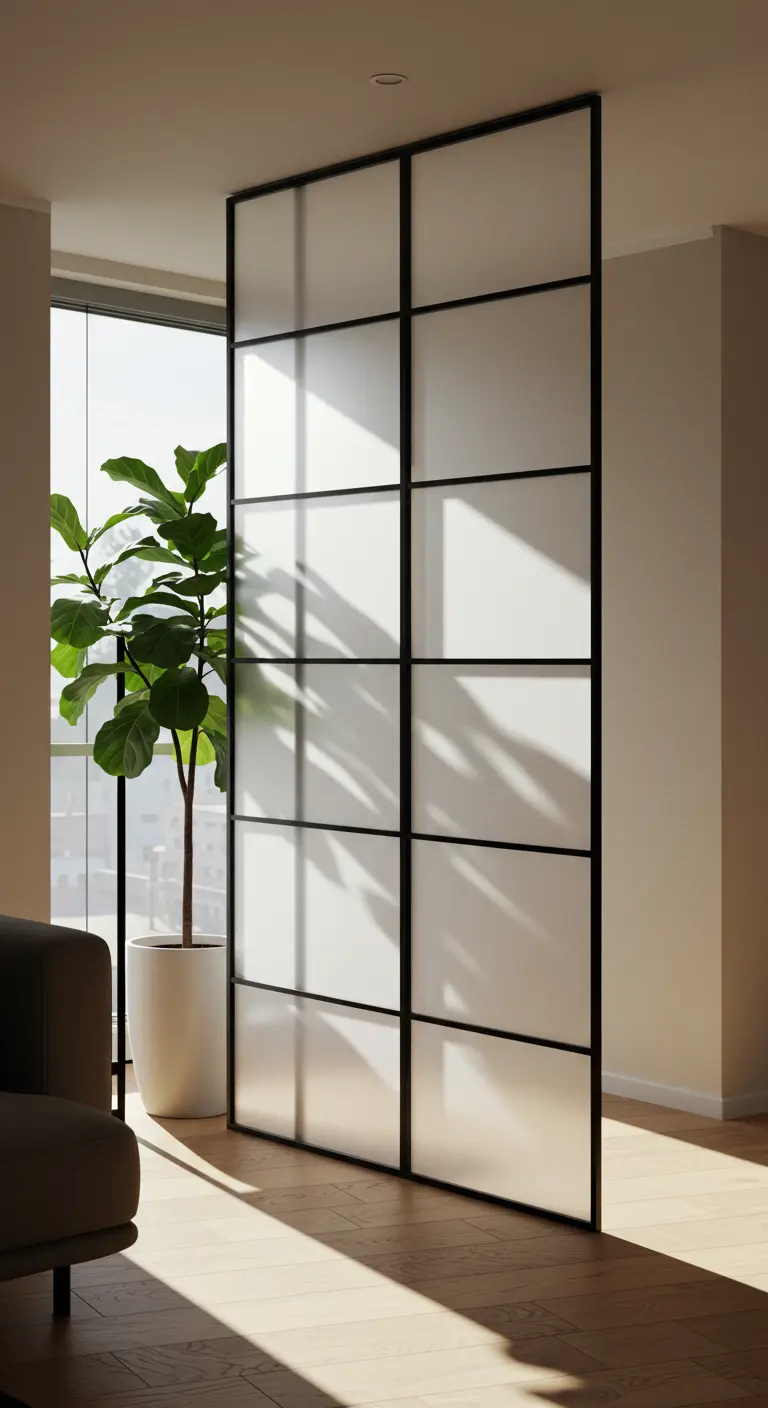 Divisor de ambientes de estilo shoji con paneles translúcidos y marco negro en una sala de estar.