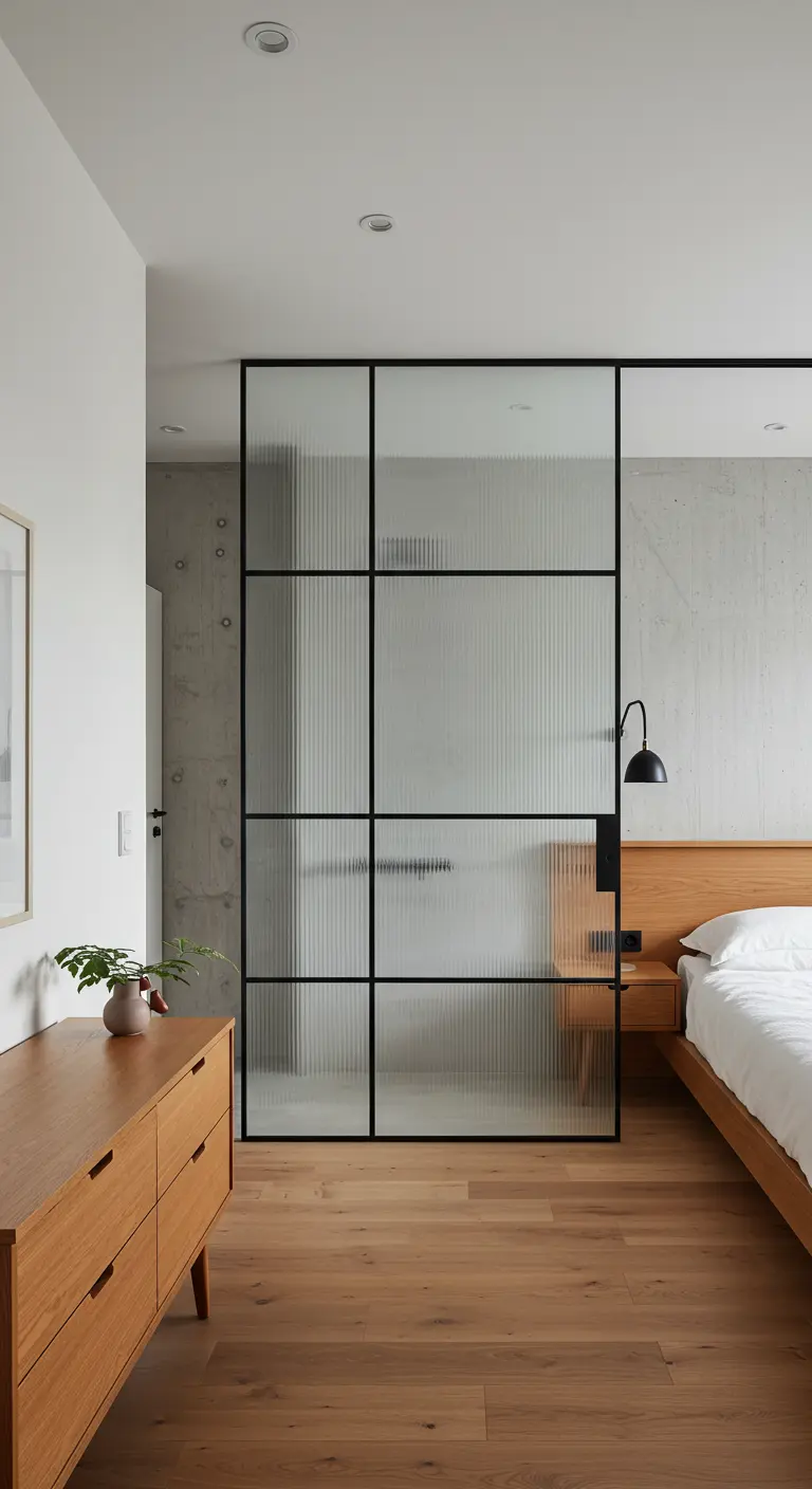 Partición de cristal y metal negro que separa el dormitorio de un baño en suite.