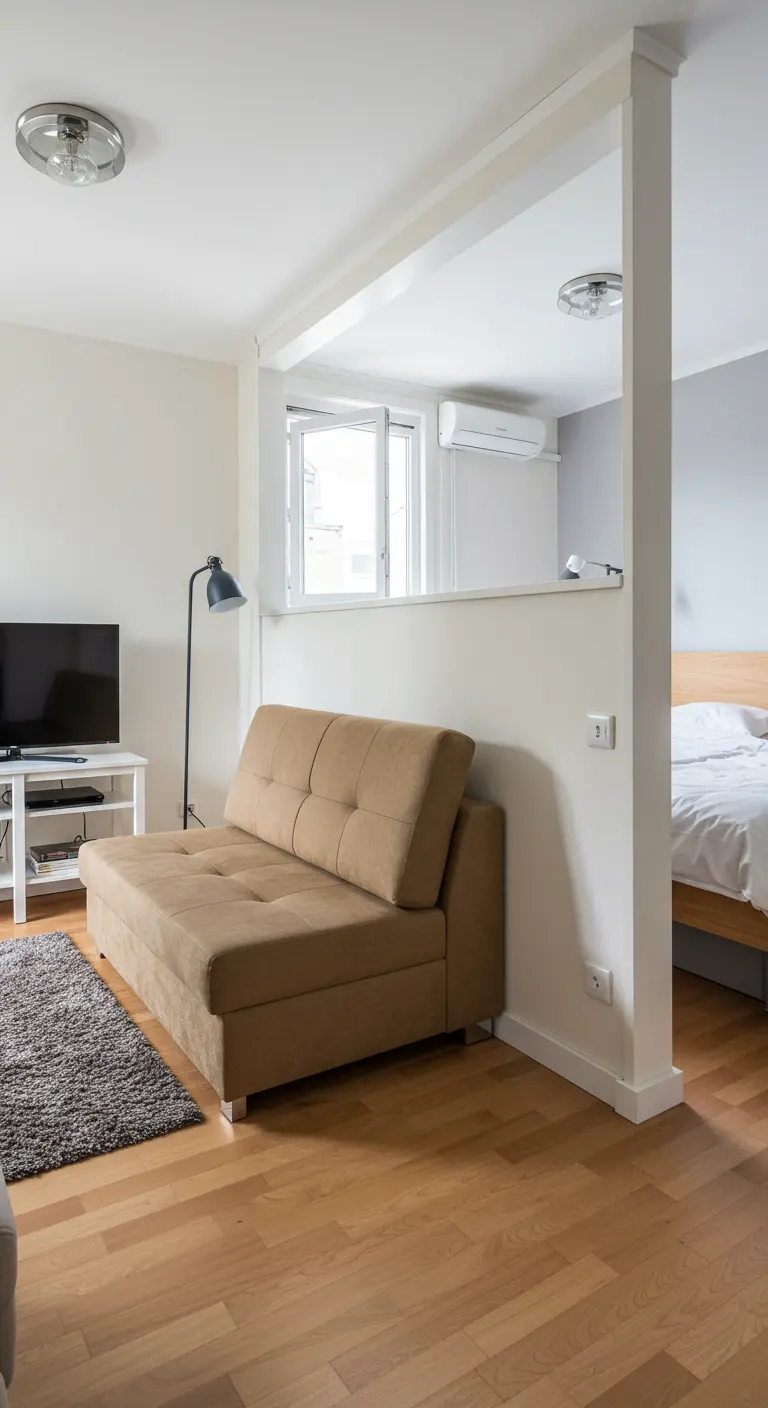 Sofá cama pequeño color topo dividiendo el salón y el dormitorio en un estudio.