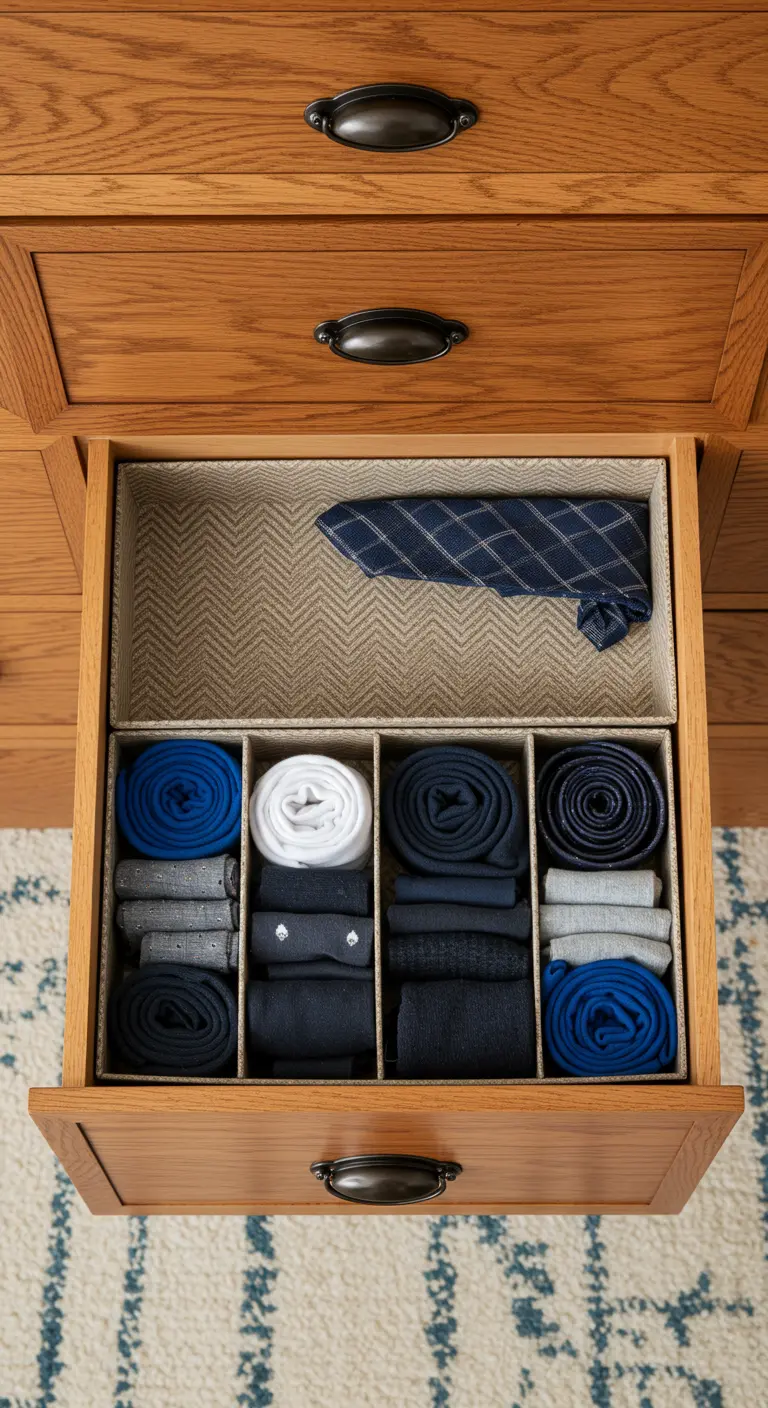 Cajón de madera con un organizador de caja de zapatos que separa calcetines y corbatas enrollados.