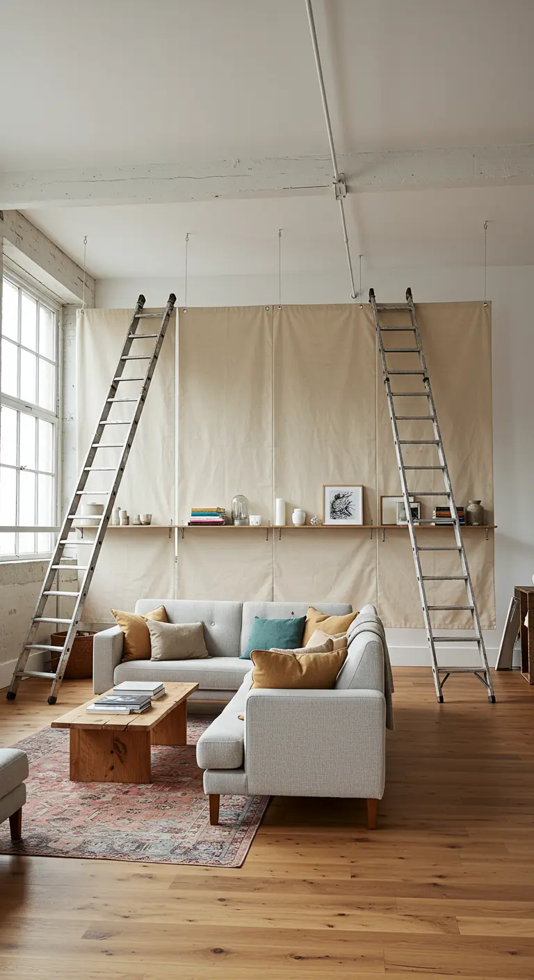 Dos escaleras de metal sosteniendo una gran tela beige que actúa como separador de ambientes en un loft.