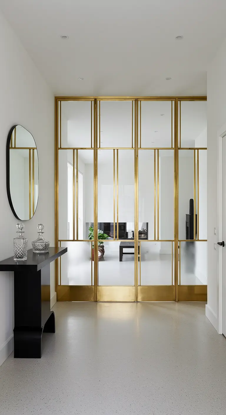 Separador de ambientes de cristal y metal dorado en una entrada moderna de estilo Art Déco.
