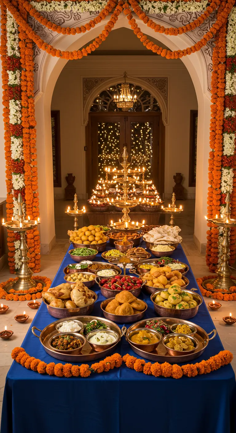 Mesa de Diwali con comida india, lámparas de aceite (diyas) y guirnaldas de flores naranjas.