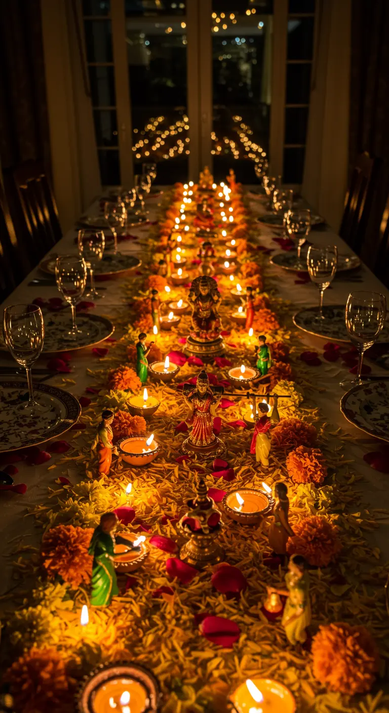 Larga mesa de comedor cubierta de pétalos de caléndula y cientos de pequeñas velas encendidas.