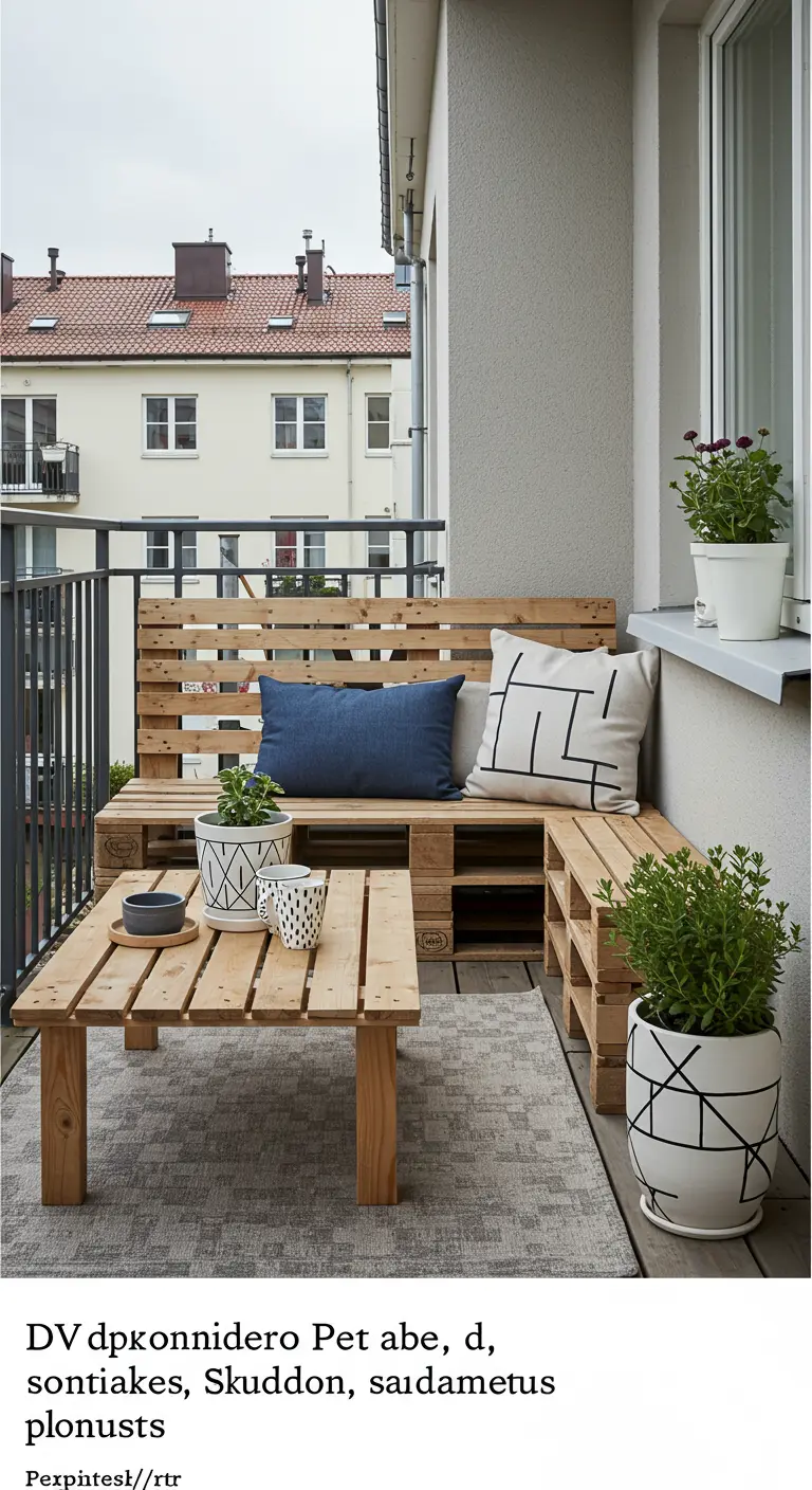 Muebles de exterior hechos con palets de madera, decorados con cojines y plantas en macetas.