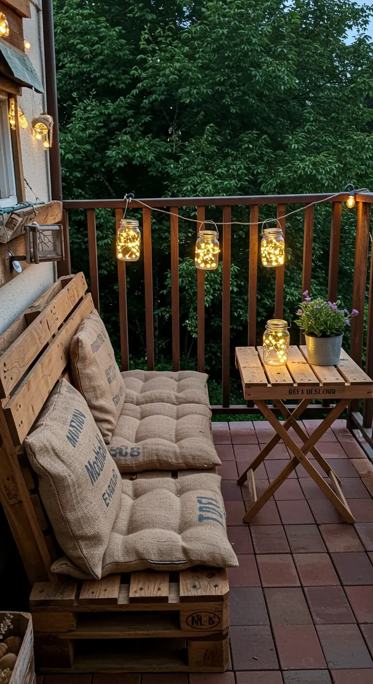 Sofá hecho con palets y cojines de yute junto a una mesita plegable en un balcón rústico.