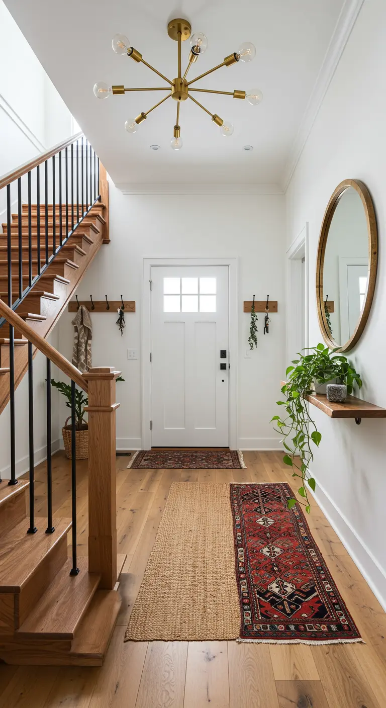 Recibidor con escalera de madera, doble alfombra superpuesta y lámpara moderna dorada.
