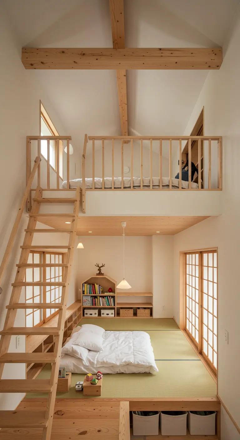 Habitación infantil de dos niveles con una cama alta tipo loft y una zona de juegos debajo.