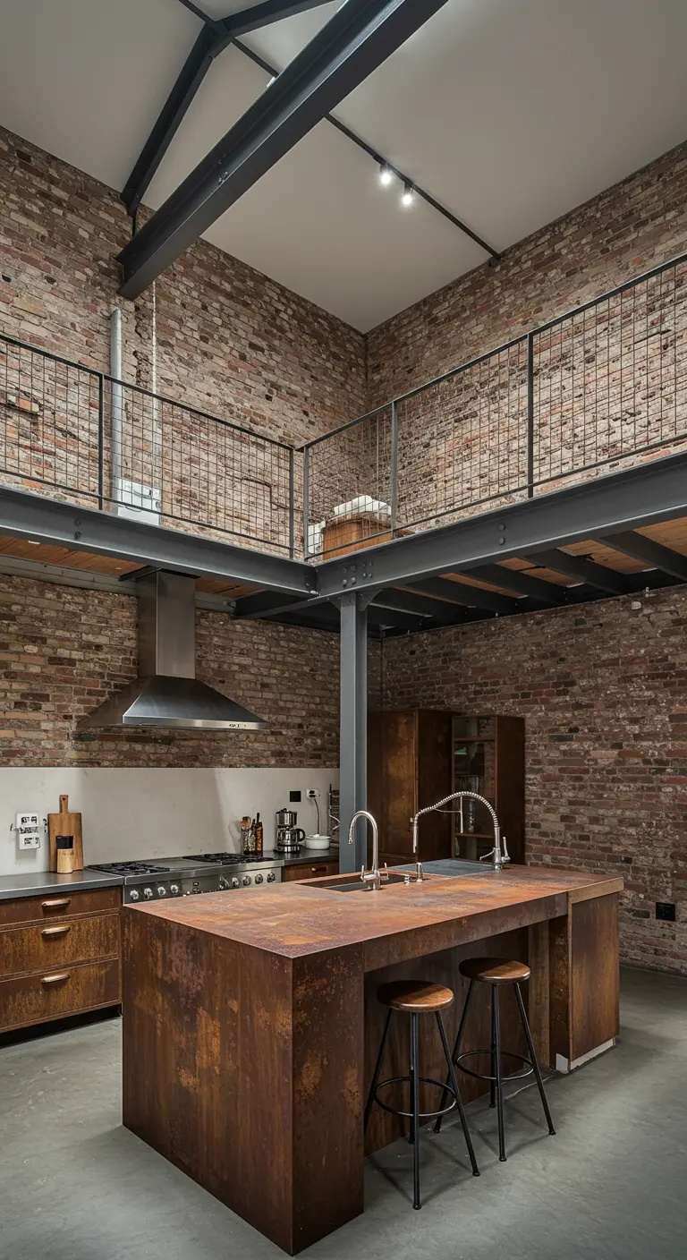 Cocina industrial en un espacio de doble altura con un altillo con barandilla de rejilla.