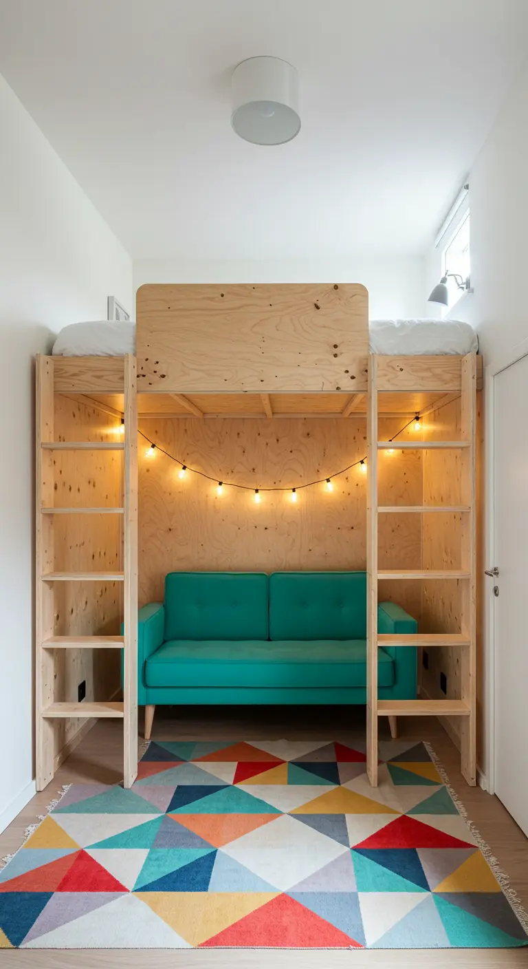 Cama alta de madera con un sofá turquesa debajo, en un dormitorio pequeño y funcional.