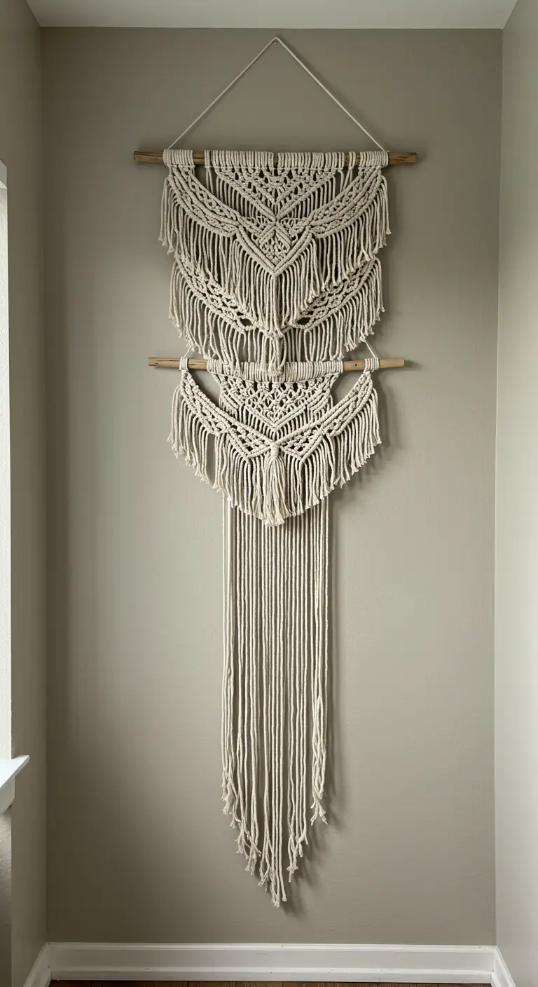 Tapiz de macramé de dos niveles, con una sección superior más ancha y una inferior más estrecha.