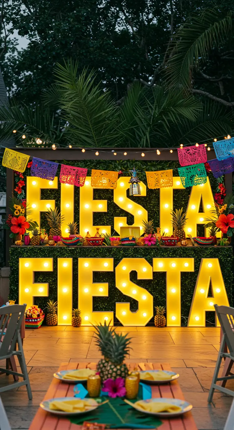 Letras 'FIESTA' iluminadas en dos filas, decoradas con papel picado, piñas y flores tropicales.