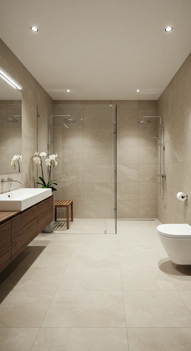 Baño espacioso con ducha doble con mamparas de cristal y azulejos color arena