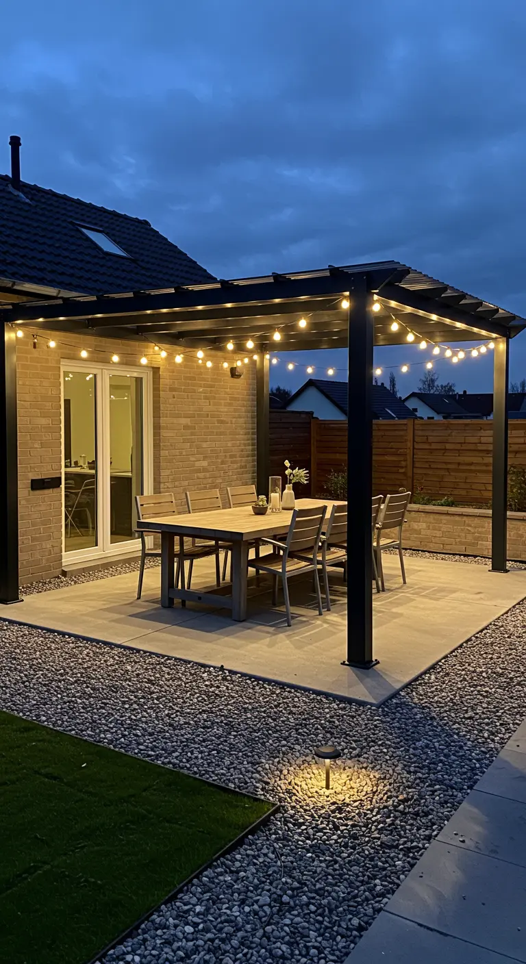 Patio con pérgola negra, mesa de comedor y guirnaldas de luces, con focos en el suelo de grava.