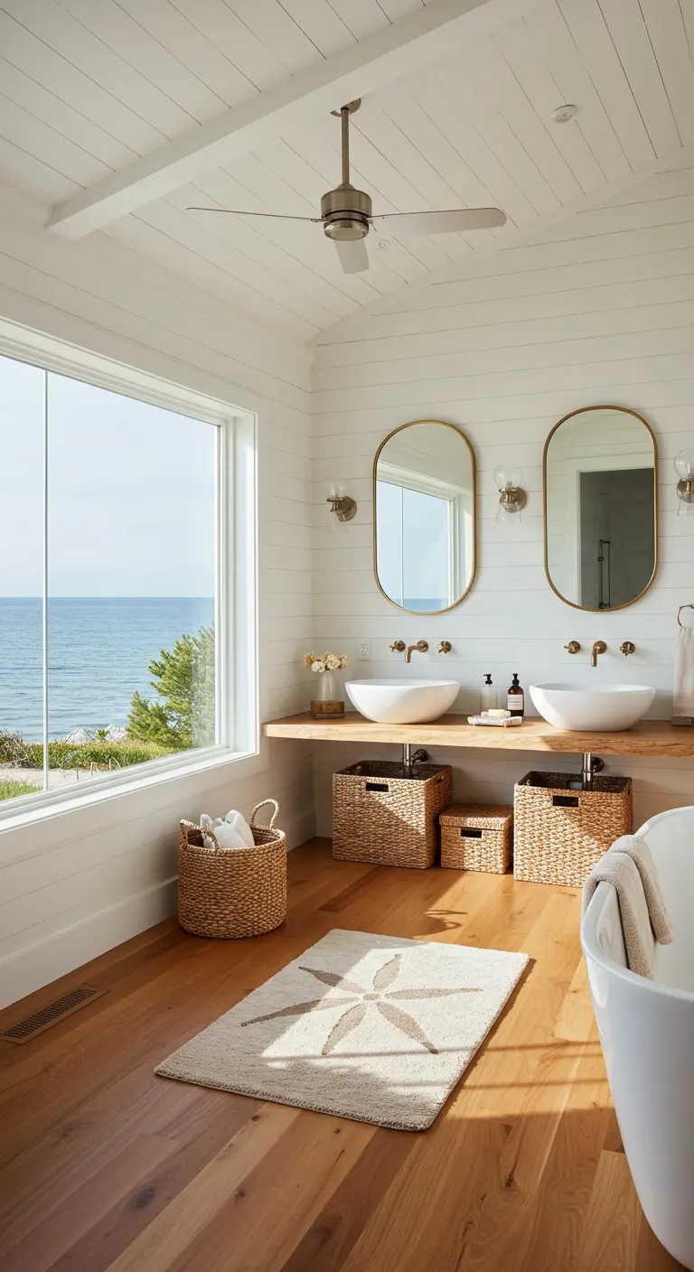 Baño costero con vistas al mar, dos espejos ovalados y cestas de mimbre.