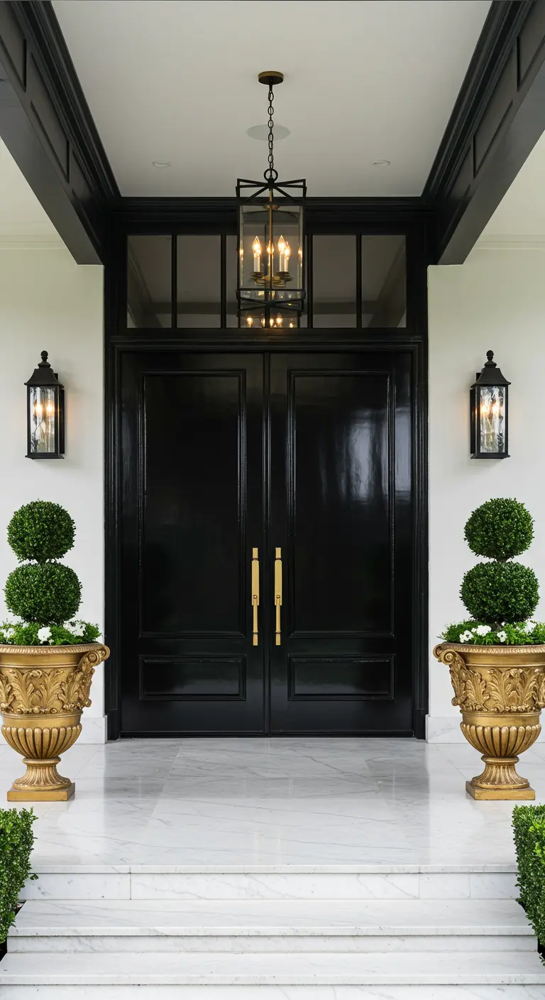 Gran entrada con puertas dobles negras brillantes, suelo de mármol y grandes urnas doradas.