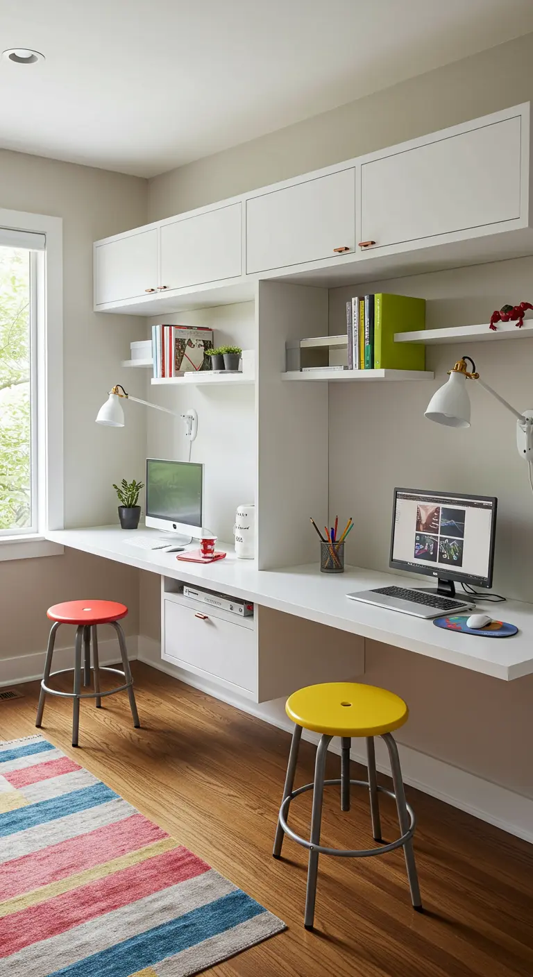 Espacio de trabajo compartido para dos personas con un largo escritorio flotante blanco y taburetes de colores.