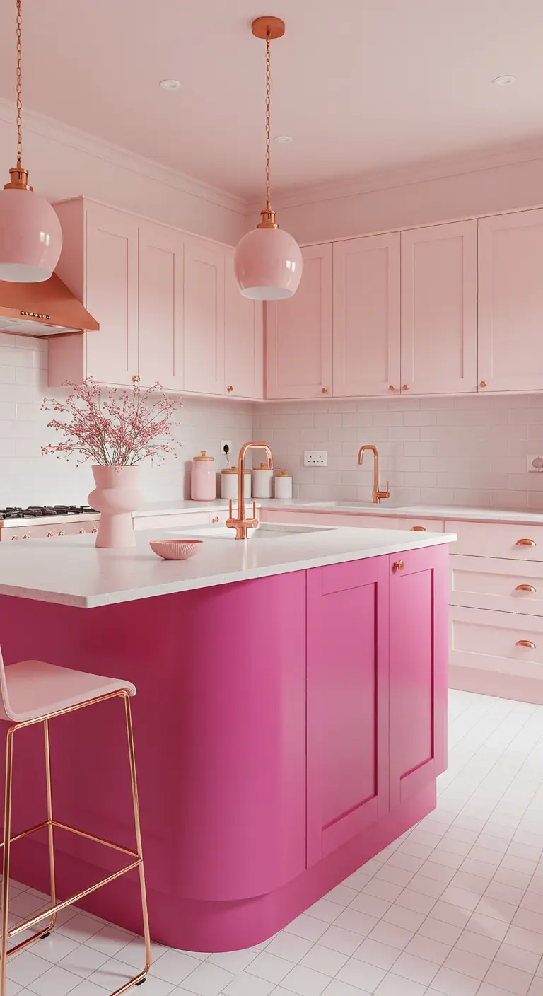 Cocina moderna con gabinetes en rosa pastel y una isla en fucsia intenso.