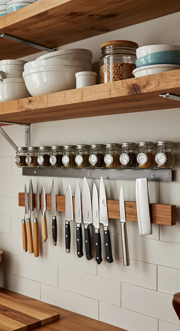 Pared de cocina con una barra magnética para cuchillos y una repisa con especieros magnéticos.
