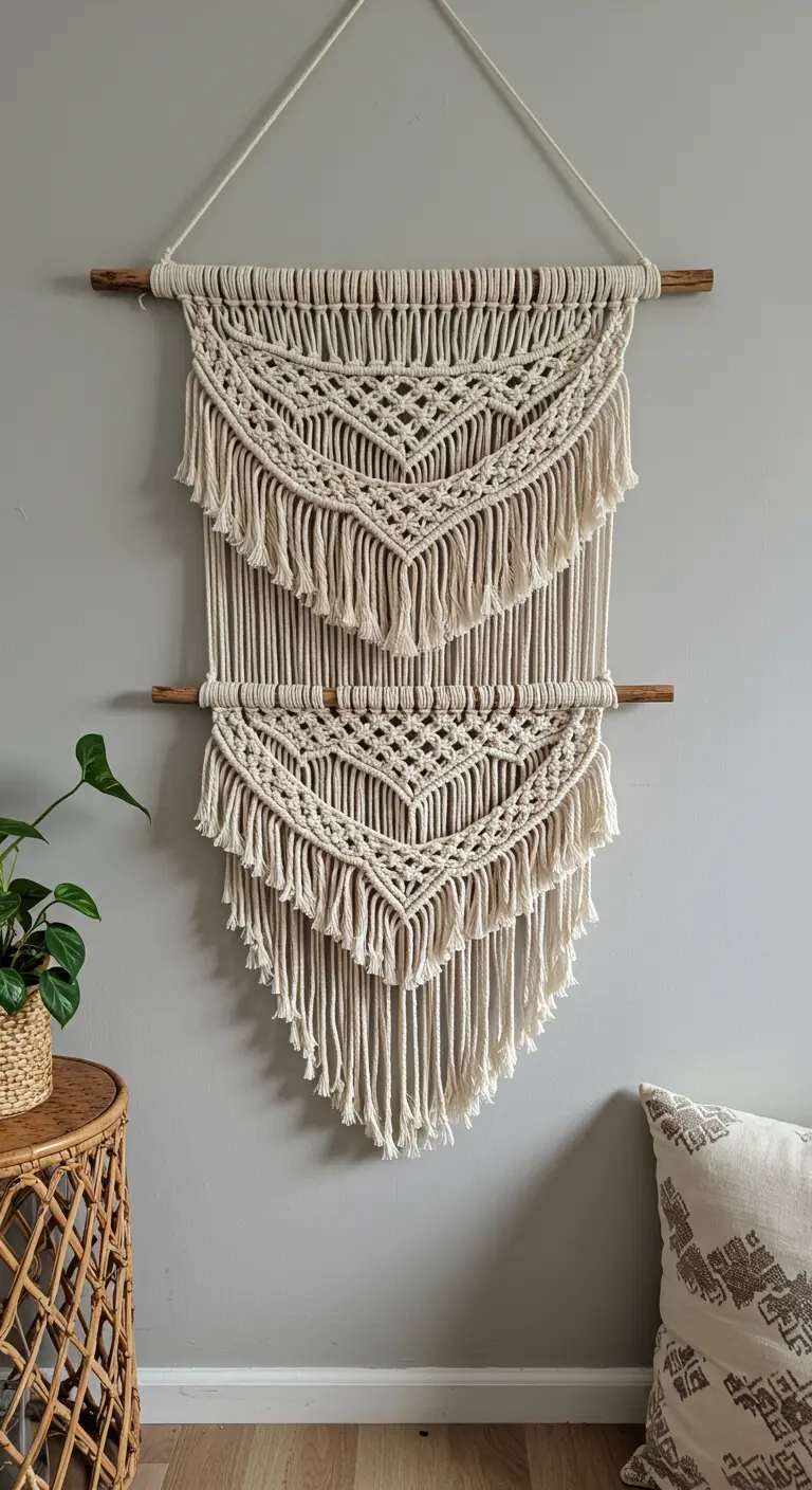 Tapiz de macramé de dos niveles con diseños en V, colgado en una pared gris.
