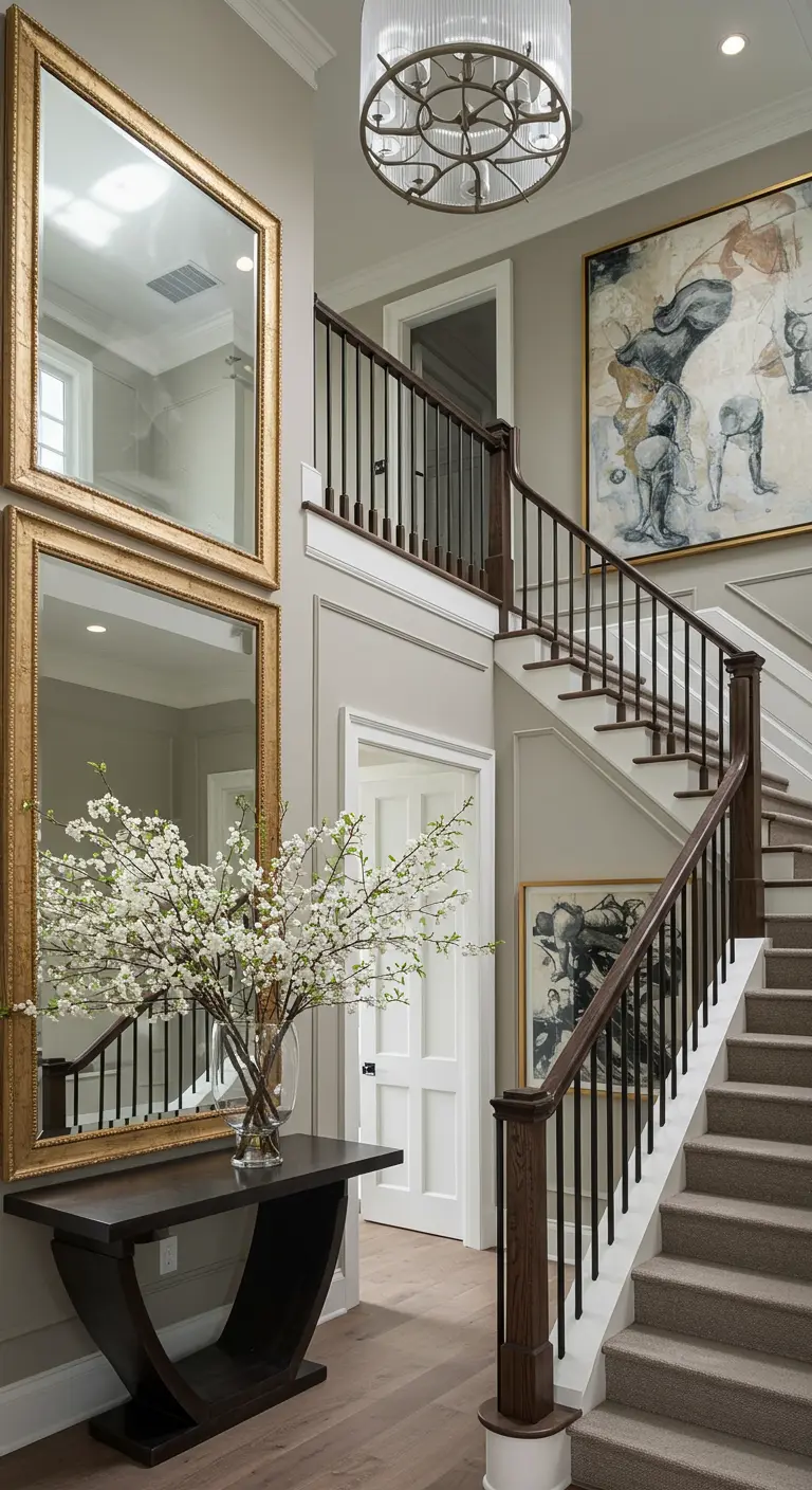 Pared de escalera con dos grandes espejos rectangulares dorados colgados verticalmente.