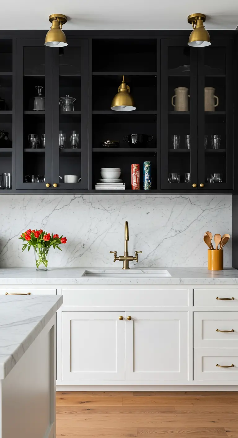 Cocina de dos tonos con gabinetes superiores negros con cristal y gabinetes inferiores blancos.