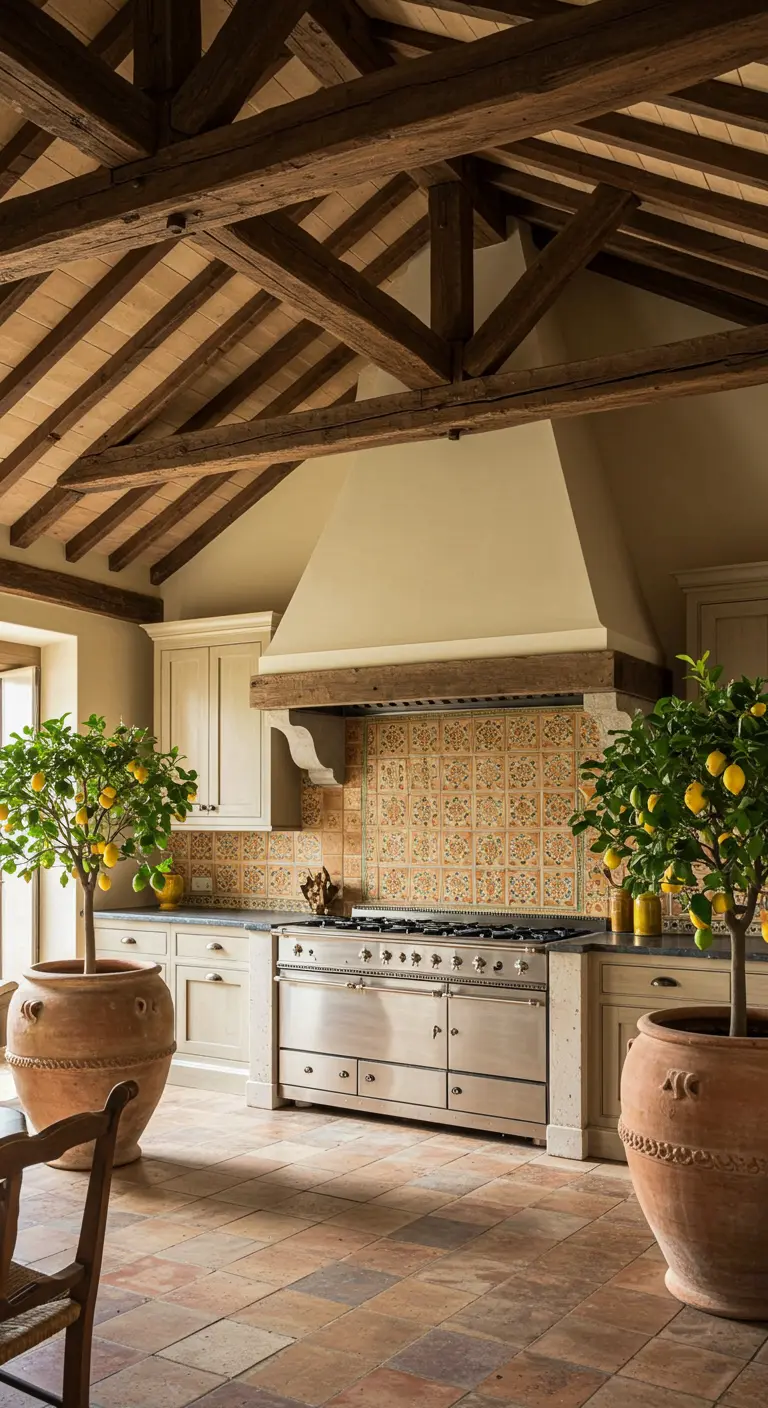 Cocina toscana con estufa de acero, azulejos estampados y dos limoneros en macetas grandes.