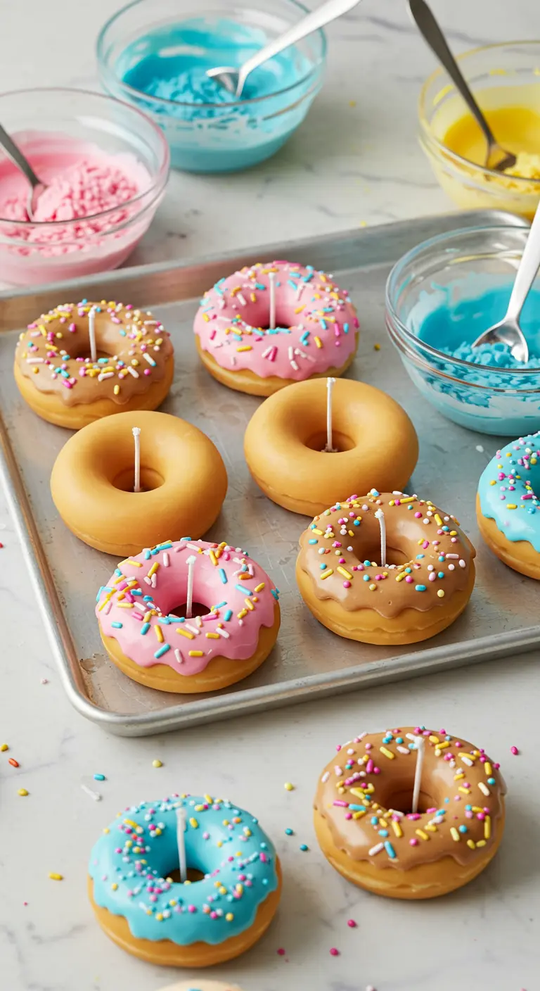 Velas caseras con forma de donas glaseadas y decoradas con chispas de colores