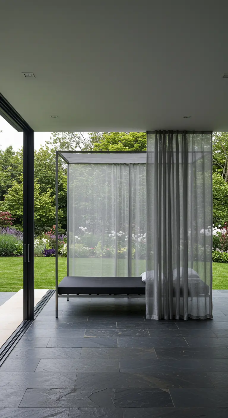 Cama balinesa minimalista con cortinas transparentes en una terraza junto a grandes ventanales.