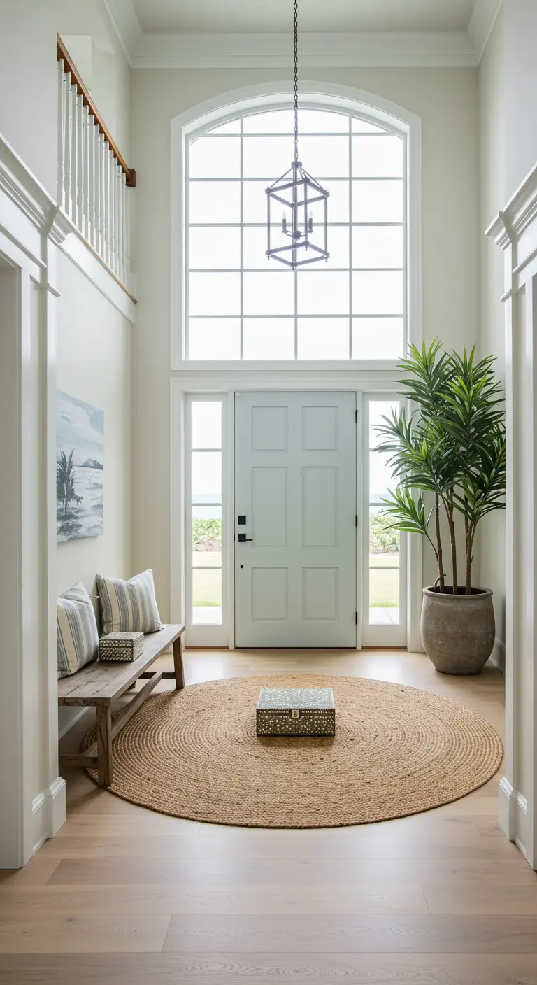 Entrada luminosa con techo alto, alfombra redonda de yute y un banco de madera.