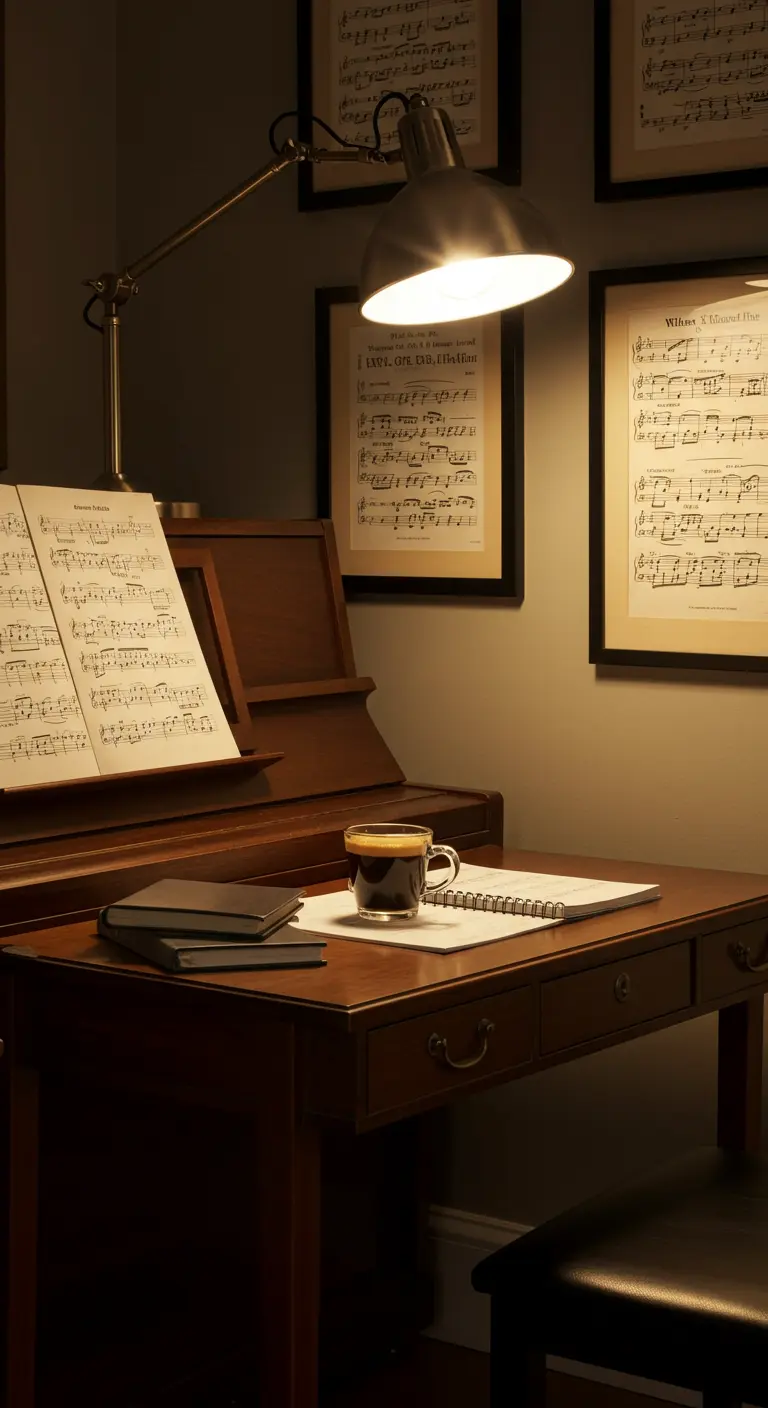 Escritorio de madera junto a un piano con partituras enmarcadas en la pared.