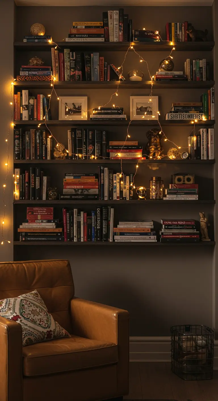 Estantería llena de libros con una guirnalda de luces de hadas iluminando los estantes