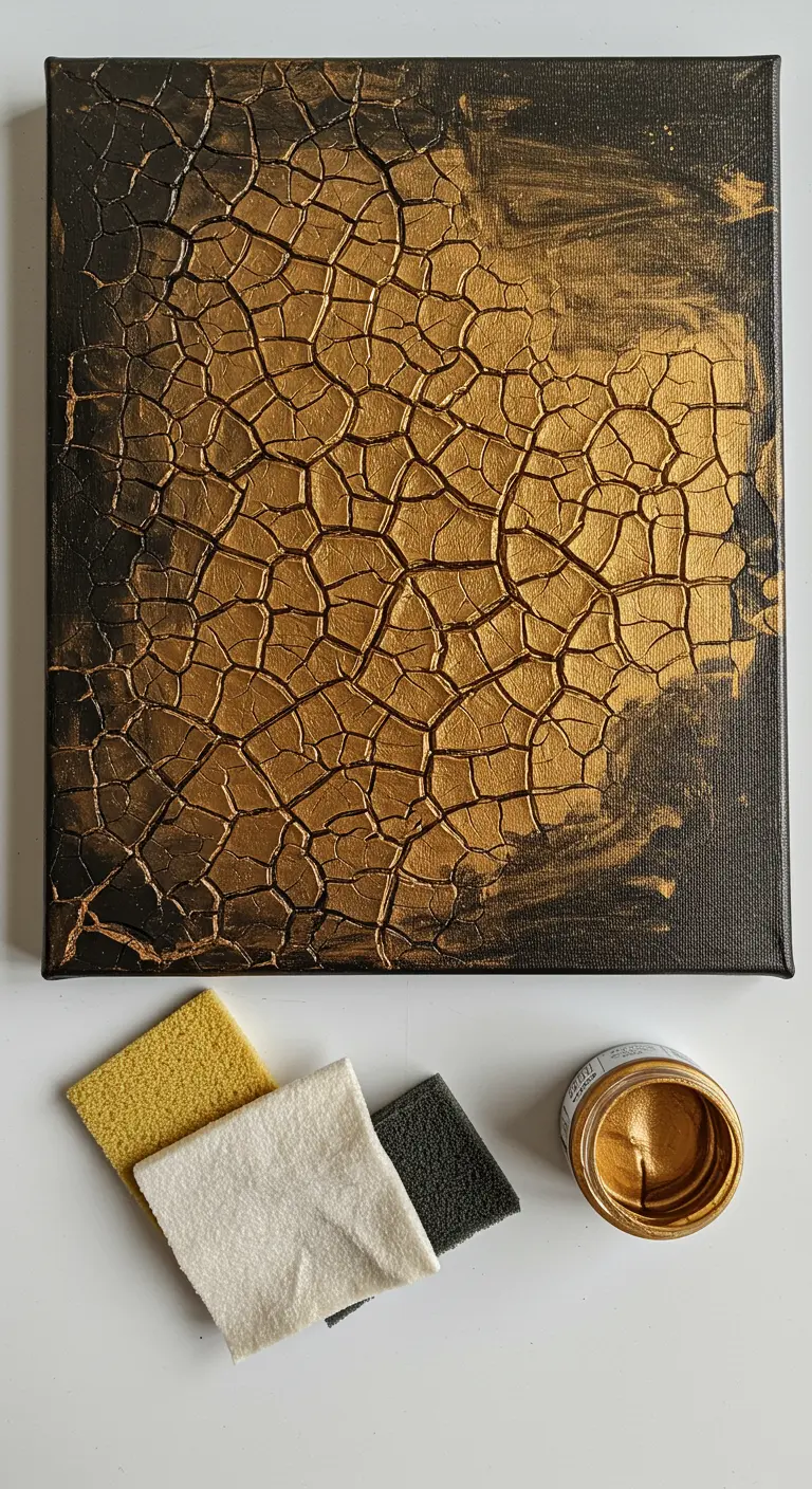 Lienzo con pintura dorada y una textura de craquelado que revela un fondo oscuro.
