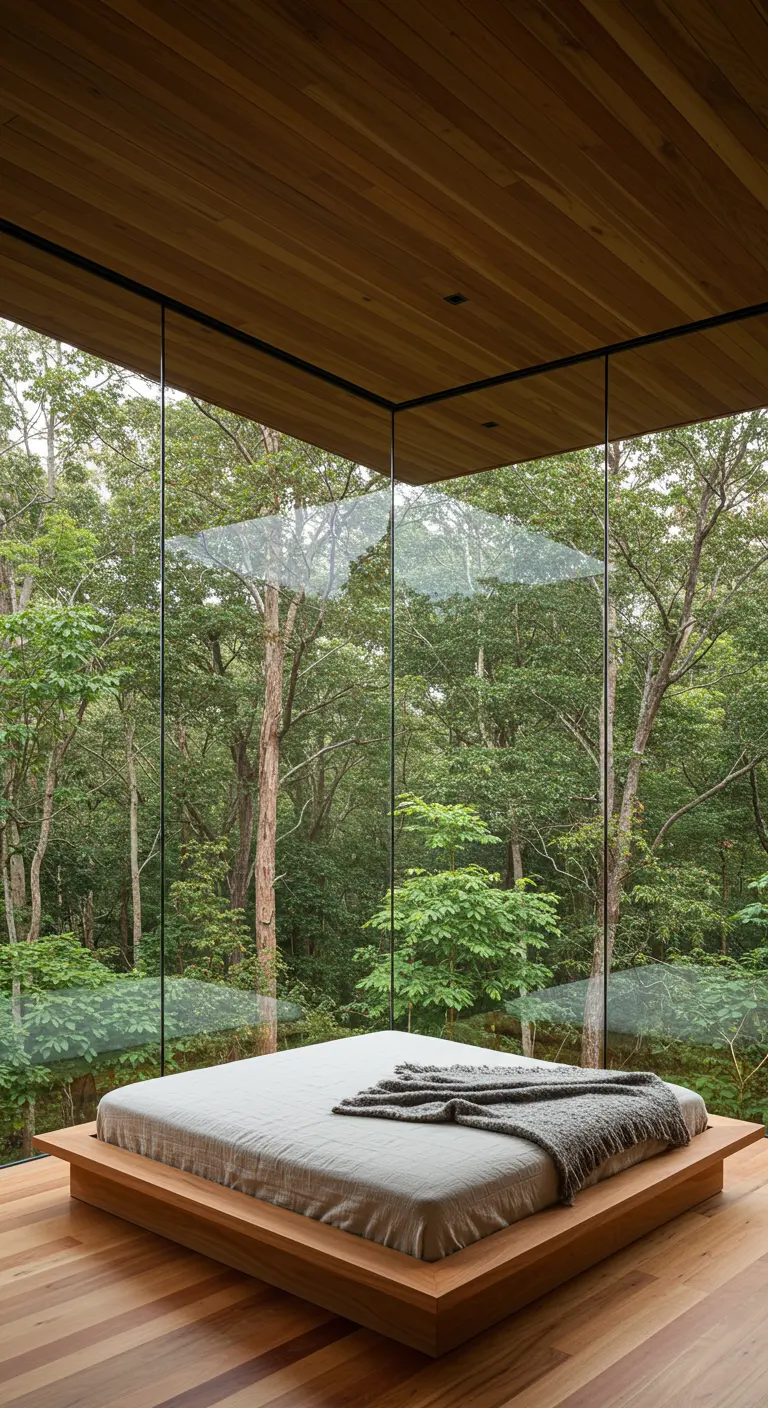 Dormitorio con paredes de cristal en una esquina con vistas a un frondoso bosque.